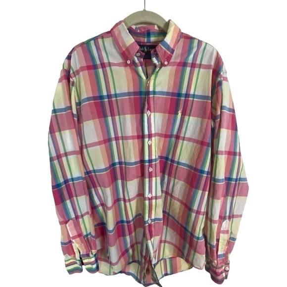 Ralph Lauren Plaid men’s button up shirt size large pastel colors preppy - Picture 8 of 12